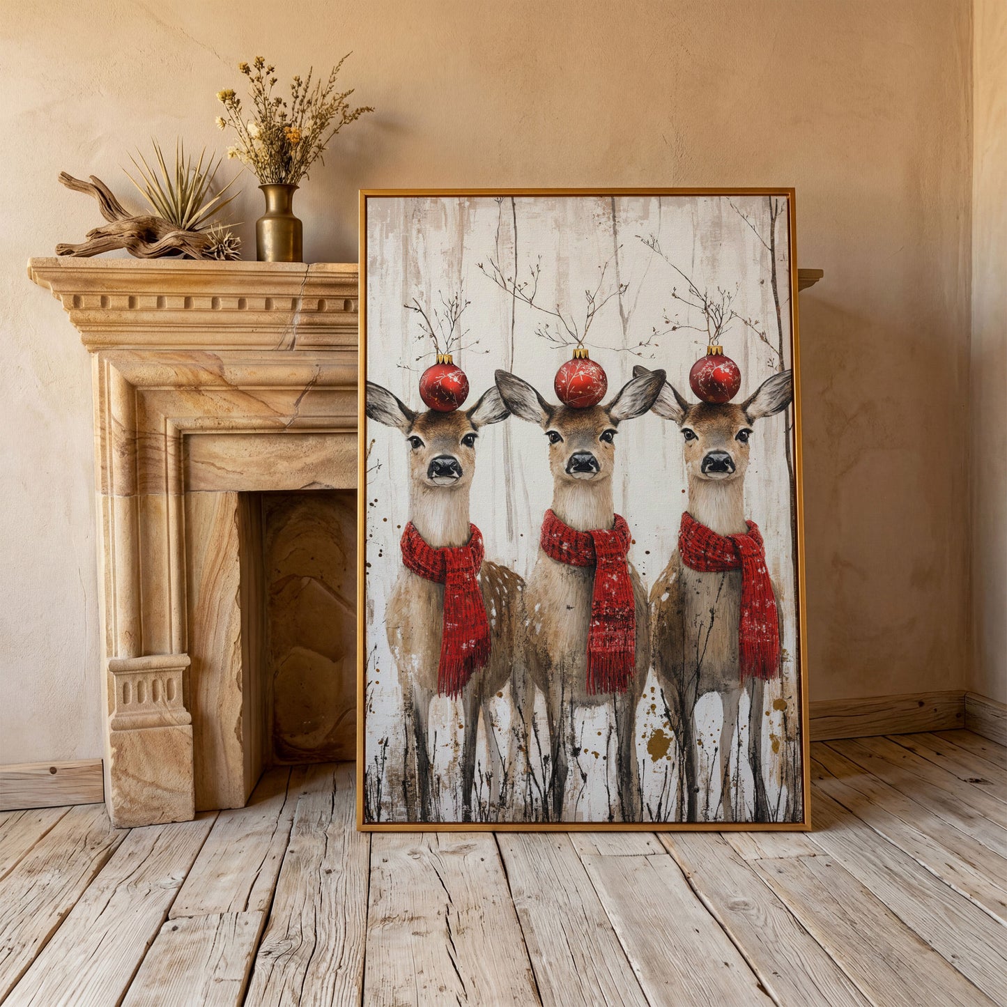 Three Reindeer with Red Scarves Christmas Canvas in antique gold floating frame