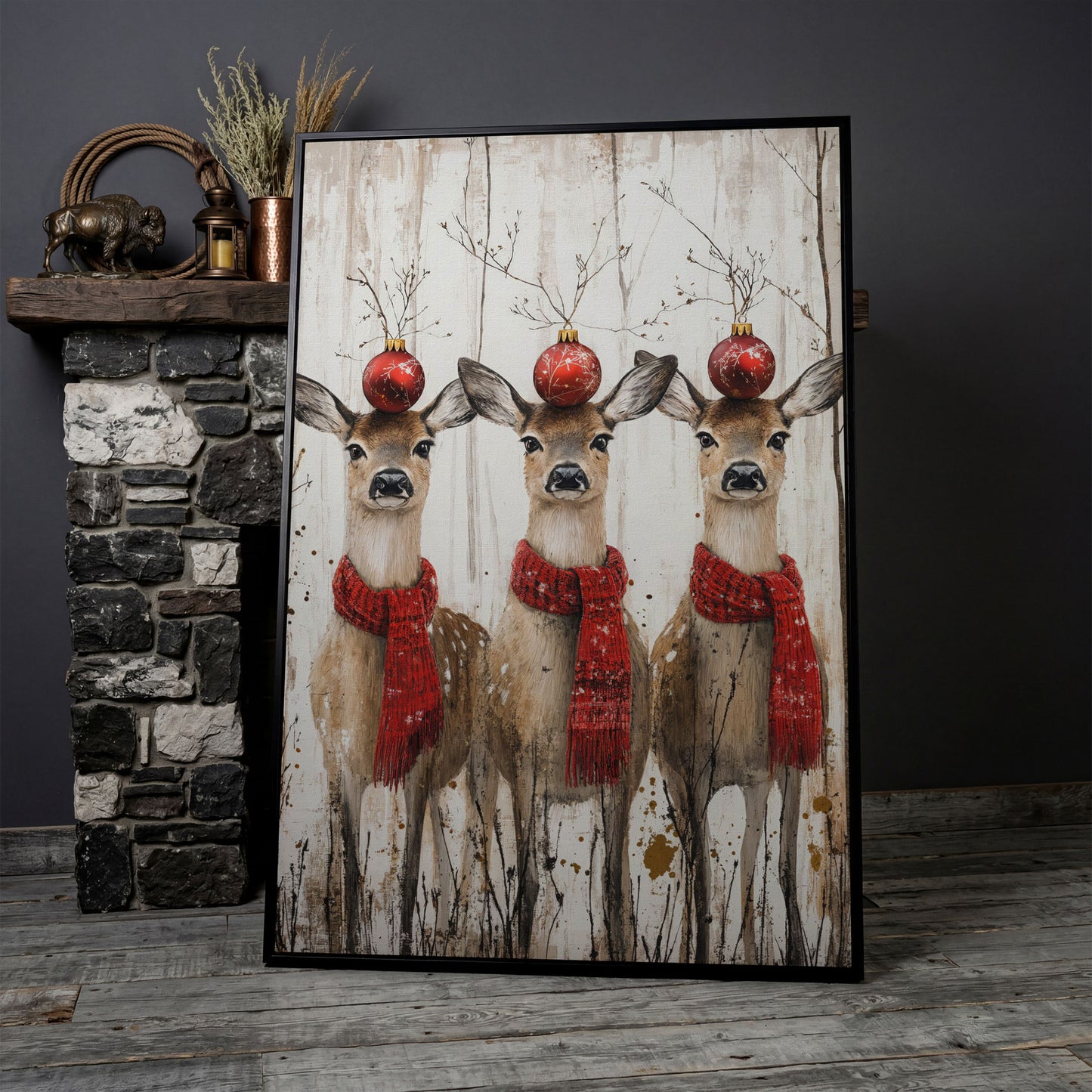 Three Reindeer with Red Scarves Christmas Canvas in black floating frame