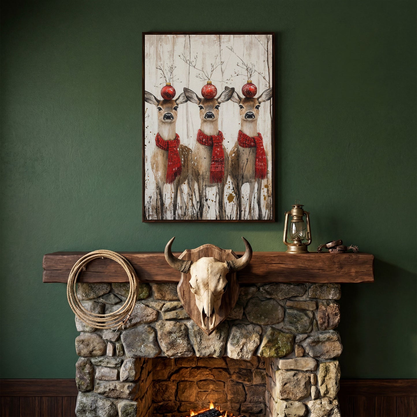 Three Reindeer with Red Scarves Christmas Canvas in dark walnut floating frame