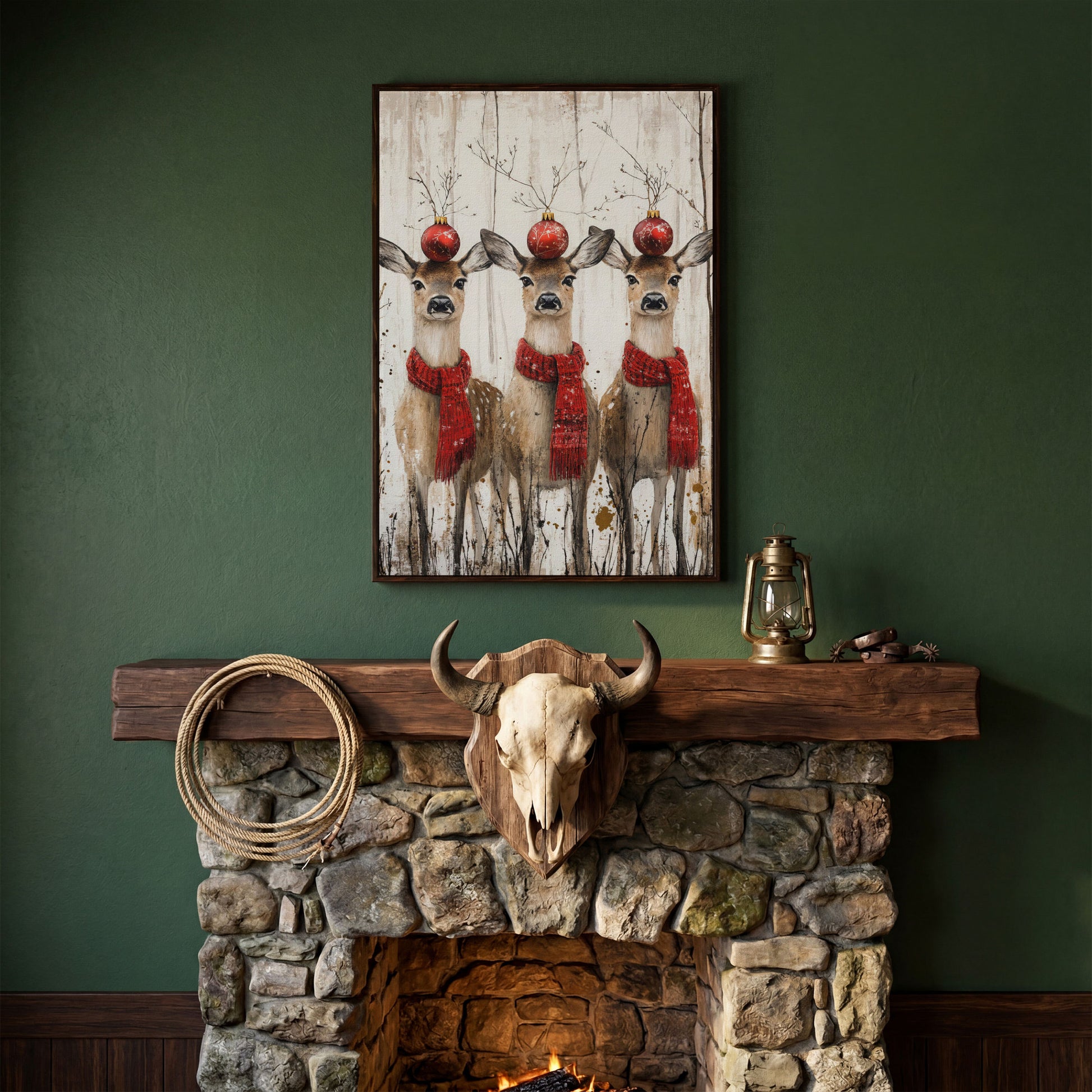 Three Reindeer with Red Scarves Christmas Canvas in dark walnut floating frame