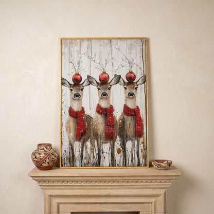 Three Reindeer with Red Scarves Christmas Canvas in white oak floating frame