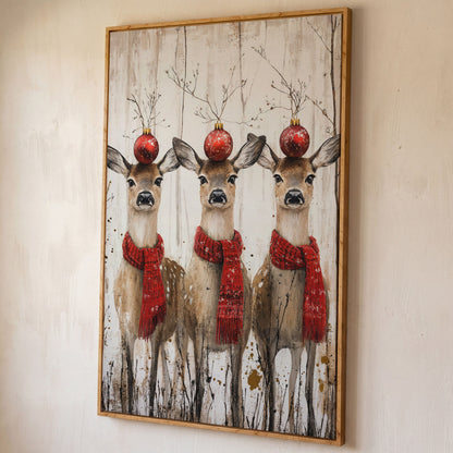 Three Reindeer with Red Scarves Christmas Canvas shown in white oak floating frame