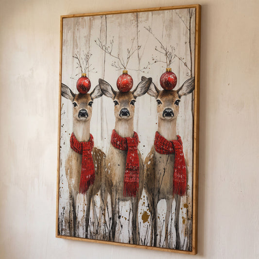Three Reindeer with Red Scarves Christmas Canvas shown in white oak floating frame
