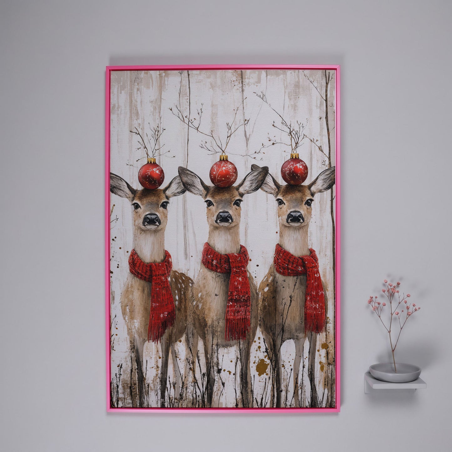 Three Reindeer with Red Scarves Christmas Canvas in pink floating frame
