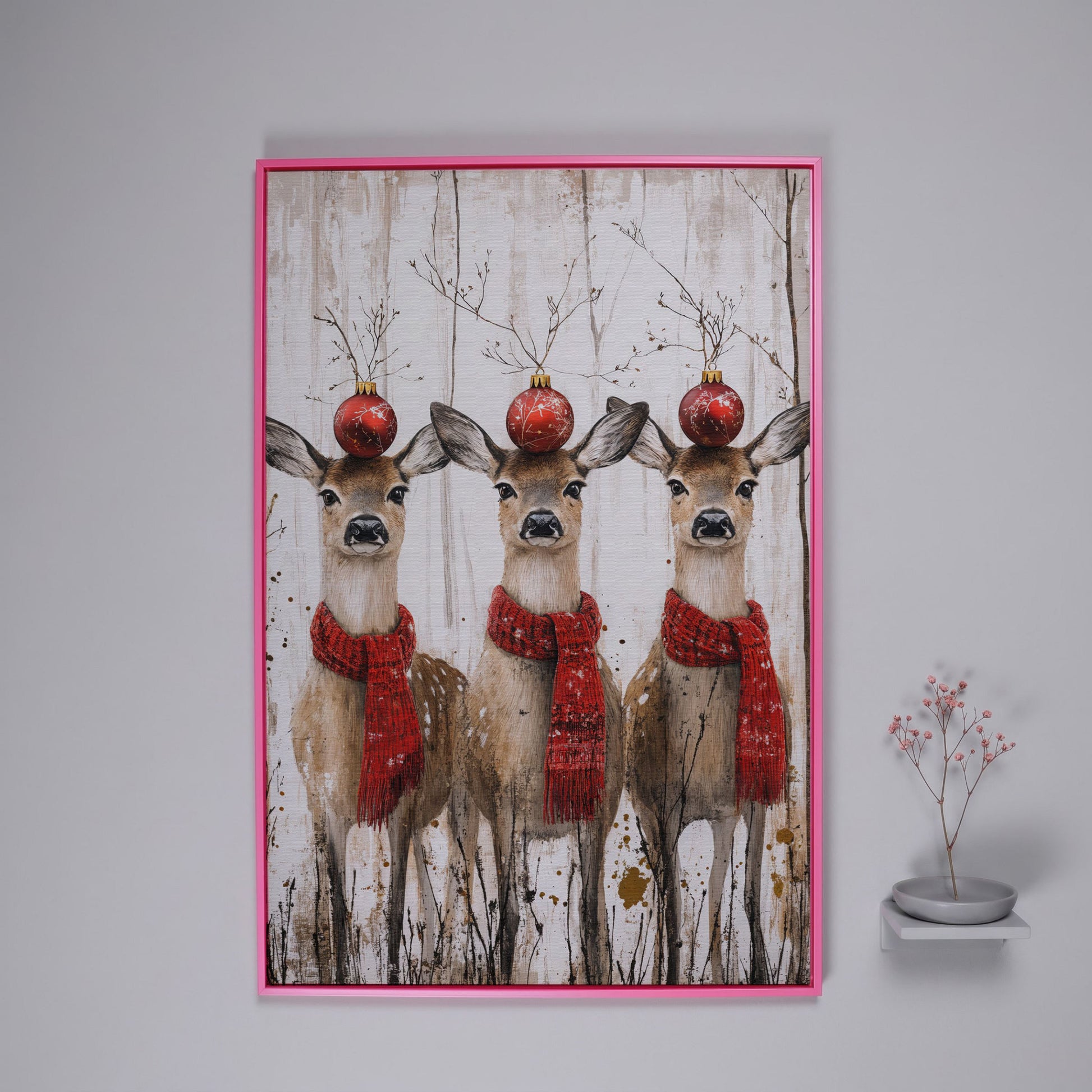 Three Reindeer with Red Scarves Christmas Canvas in pink floating frame
