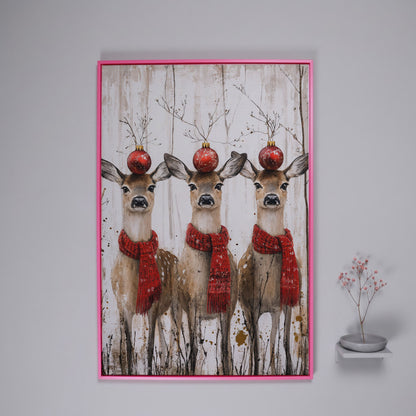 Three Reindeer with Red Scarves Christmas Canvas in pink floating frame