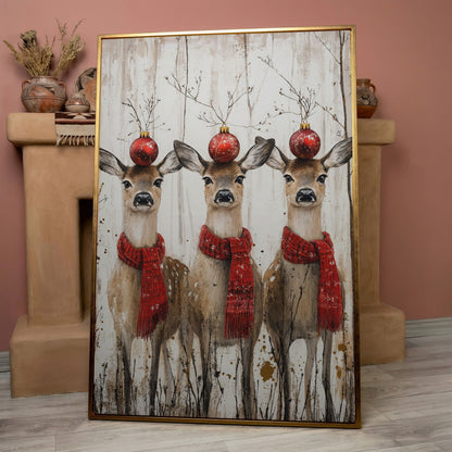 Three Reindeer with Red Scarves Christmas Canvas in rose gold floating frame