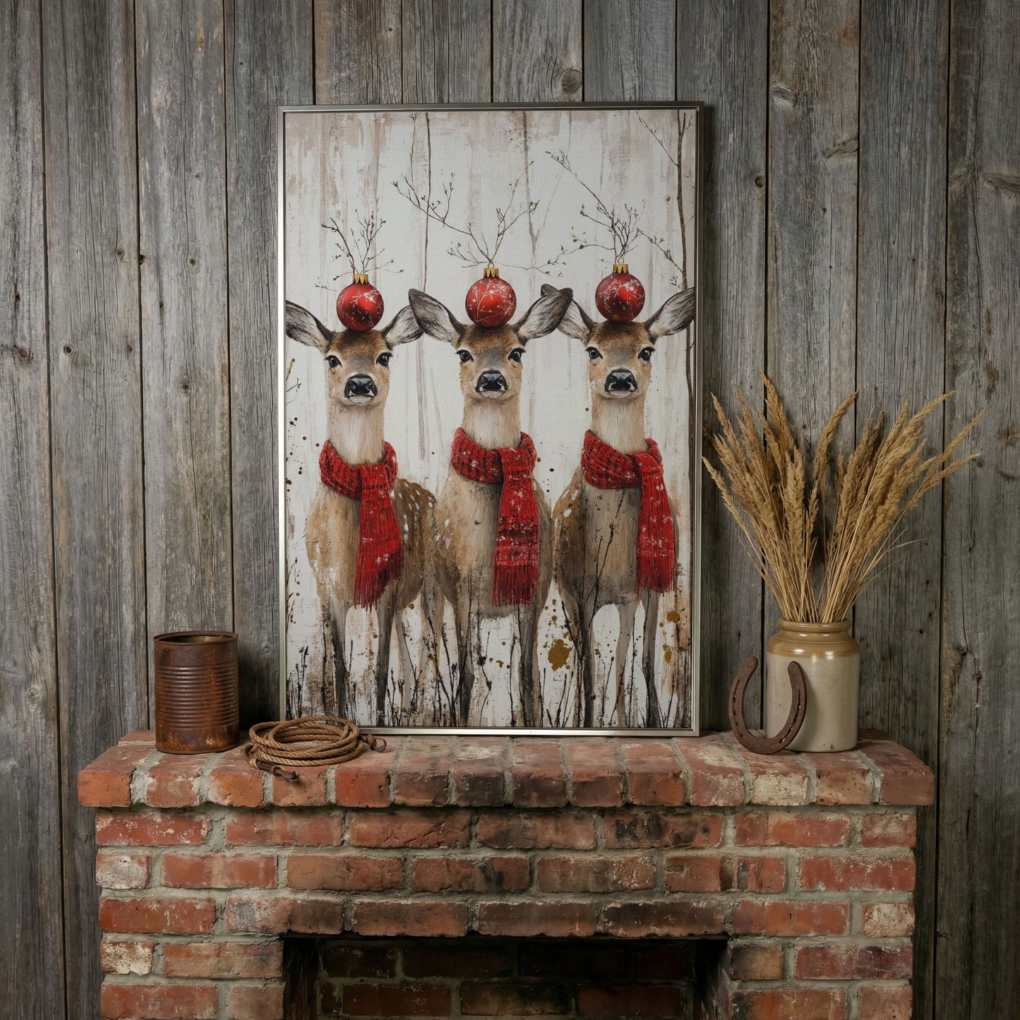 Three Reindeer with Red Scarves Christmas Canvas in silver floating frame