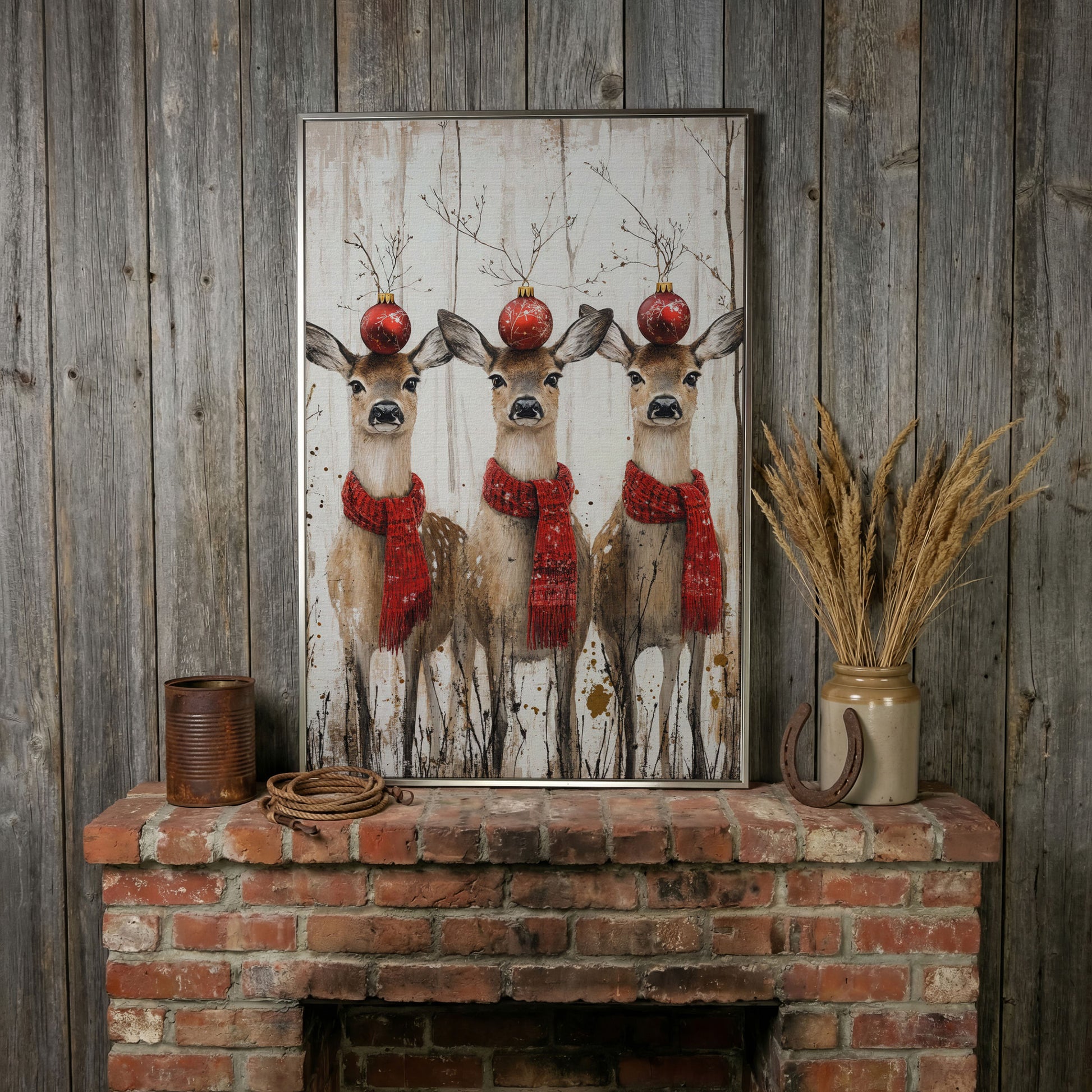 Three Reindeer with Red Scarves Christmas Canvas in silver floating frame