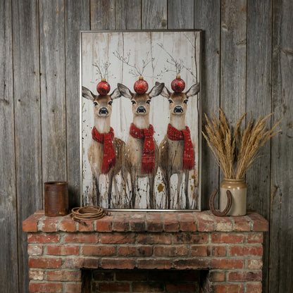 Three Reindeer with Red Scarves Christmas Canvas in silver floating frame