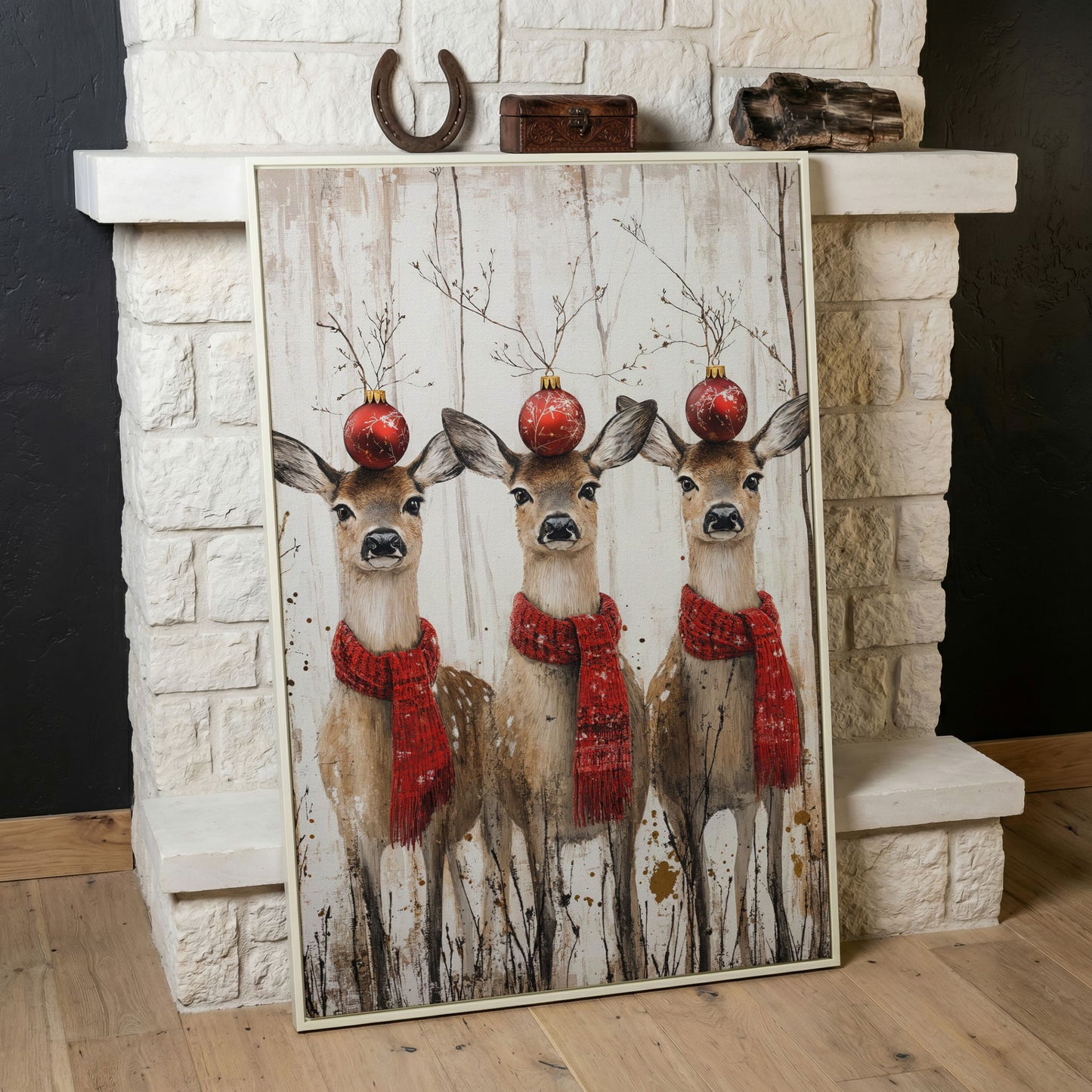 Three Reindeer with Red Scarves Christmas Canvas in white floating frame