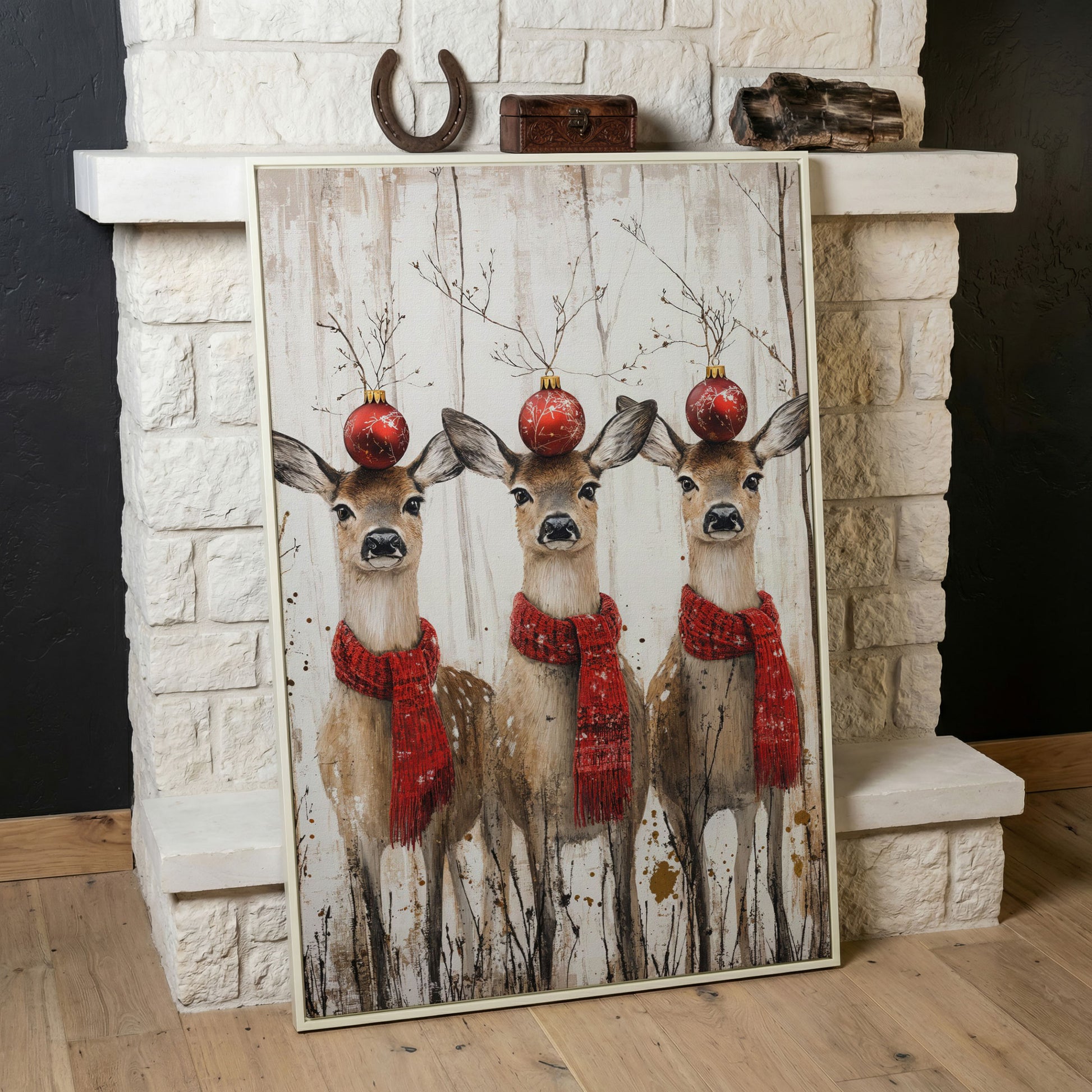 Three Reindeer with Red Scarves Christmas Canvas in white floating frame
