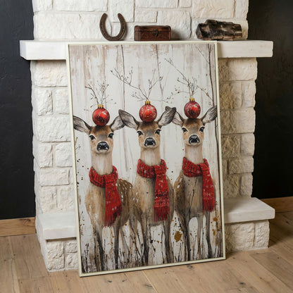 Three Reindeer with Red Scarves Christmas Canvas in white floating frame