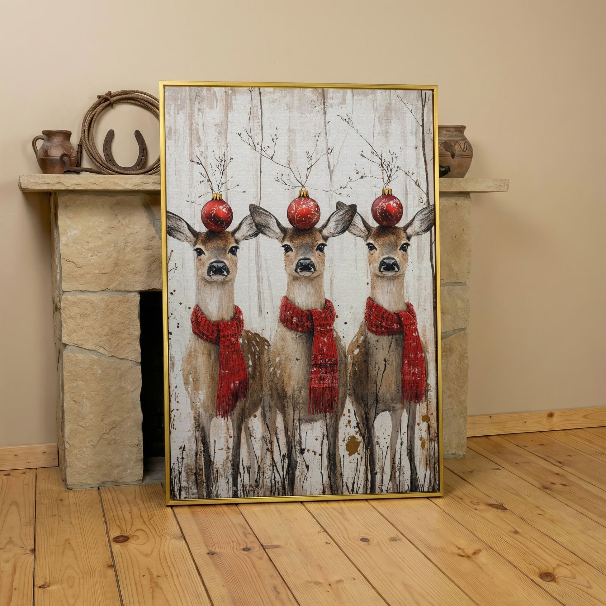 Three Reindeer with Red Scarves Christmas Canvas in yellow gold floating frame