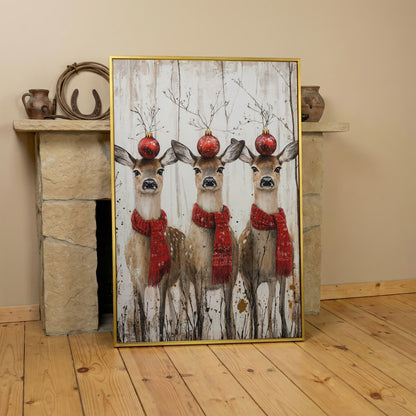 Three Reindeer with Red Scarves Christmas Canvas in yellow gold floating frame