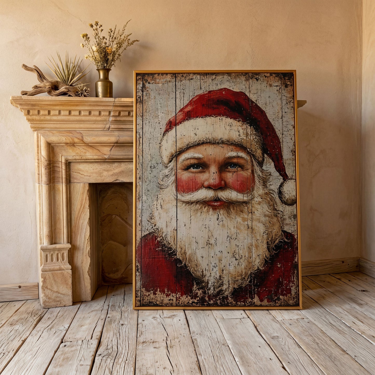 Rustic Santa Claus Portrait Canvas Print in antique gold floating frame