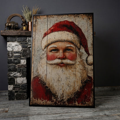 Rustic Santa Claus Portrait Canvas Print in black floating frame