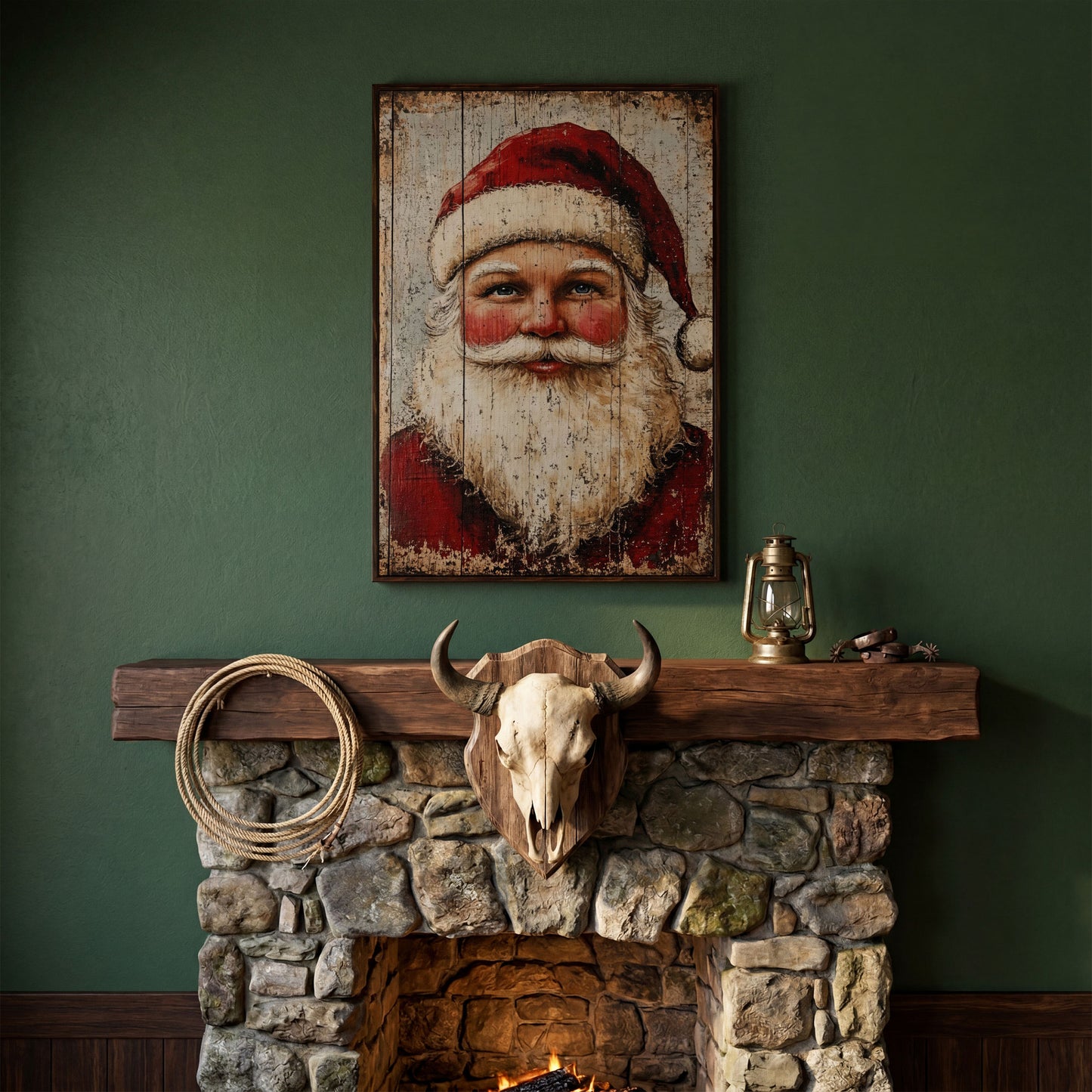 Rustic Santa Claus Portrait Canvas Print in dark walnut floating frame