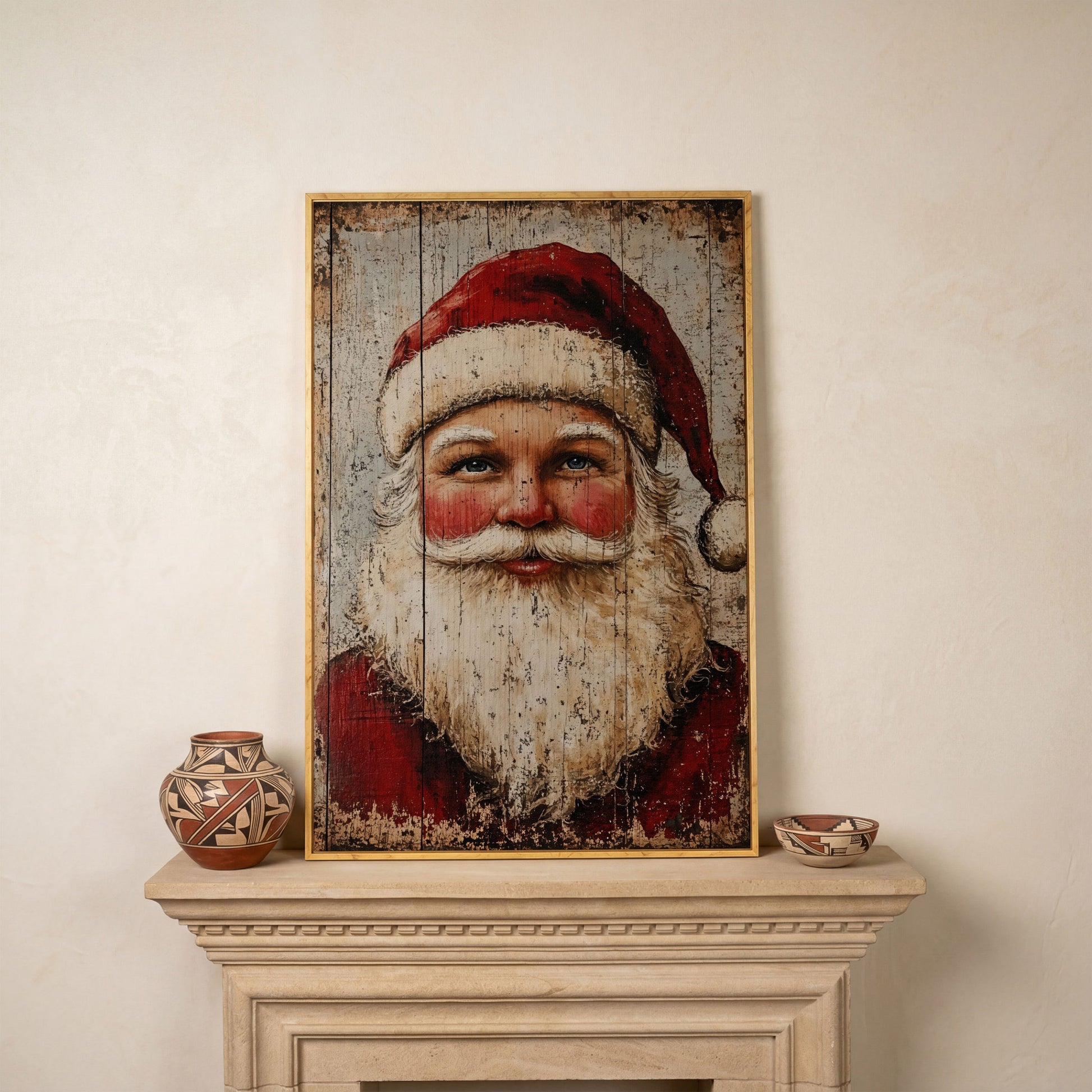 Rustic Santa Claus Portrait Canvas Print in white oak floating frame