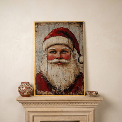 Rustic Santa Claus Portrait Canvas Print in white oak floating frame