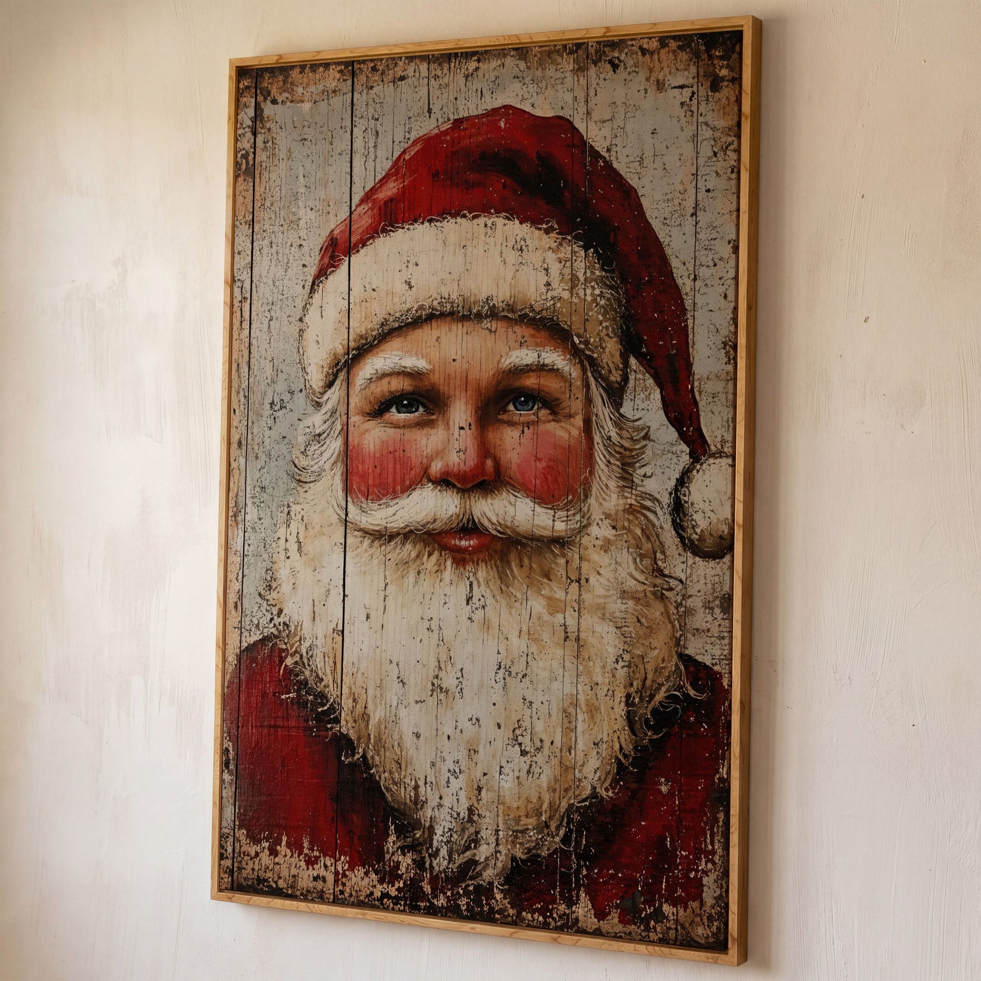 Rustic Santa Claus Portrait Canvas Print shown in white oak floating frame