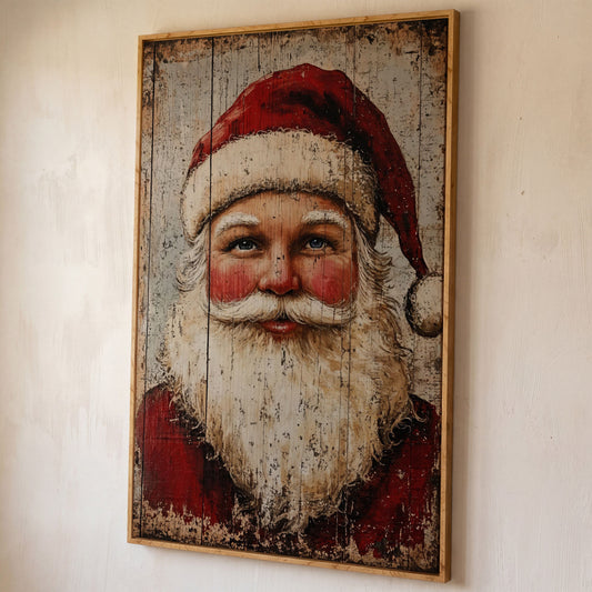 Rustic Santa Claus Portrait Canvas Print shown in white oak floating frame
