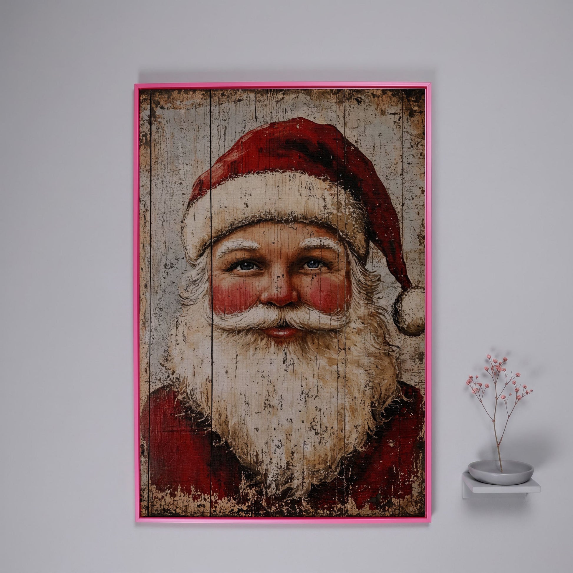 Rustic Santa Claus Portrait Canvas Print in pink floating frame