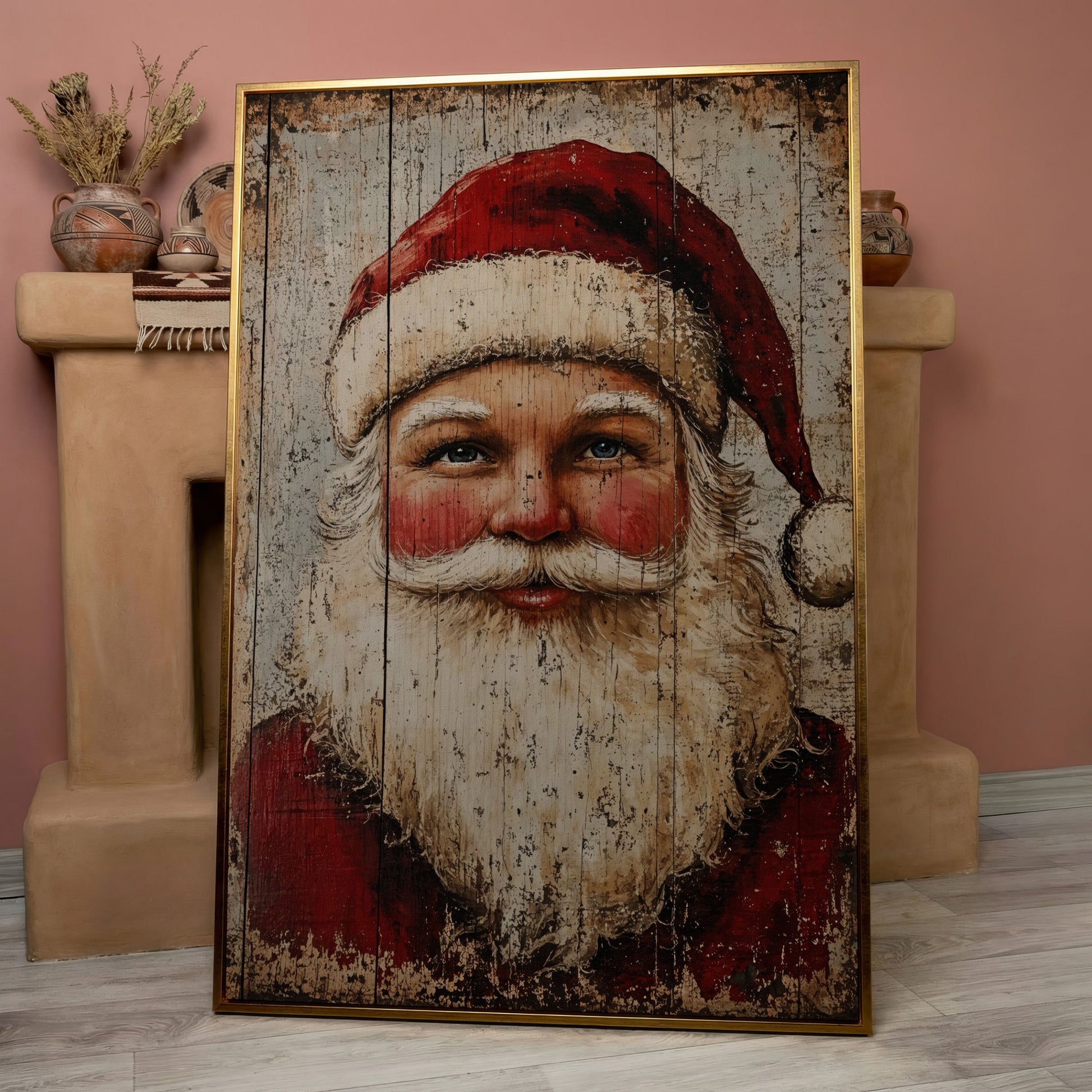 Rustic Santa Claus Portrait Canvas Print in rose gold floating frame