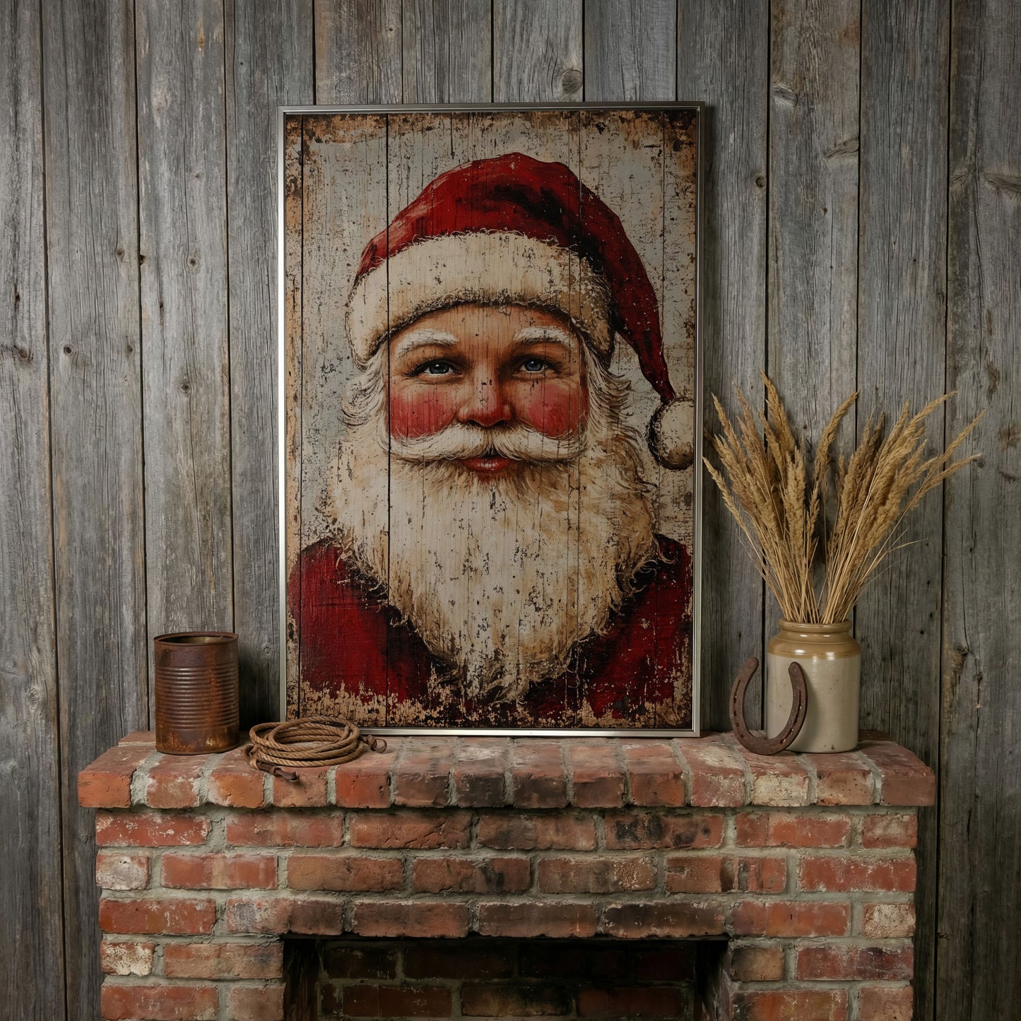 Rustic Santa Claus Portrait Canvas Print in silver floating frame