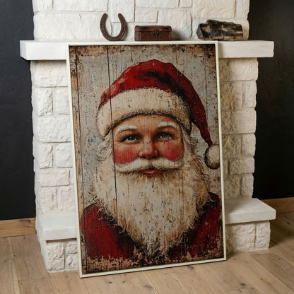 Rustic Santa Claus Portrait Canvas Print in white floating frame
