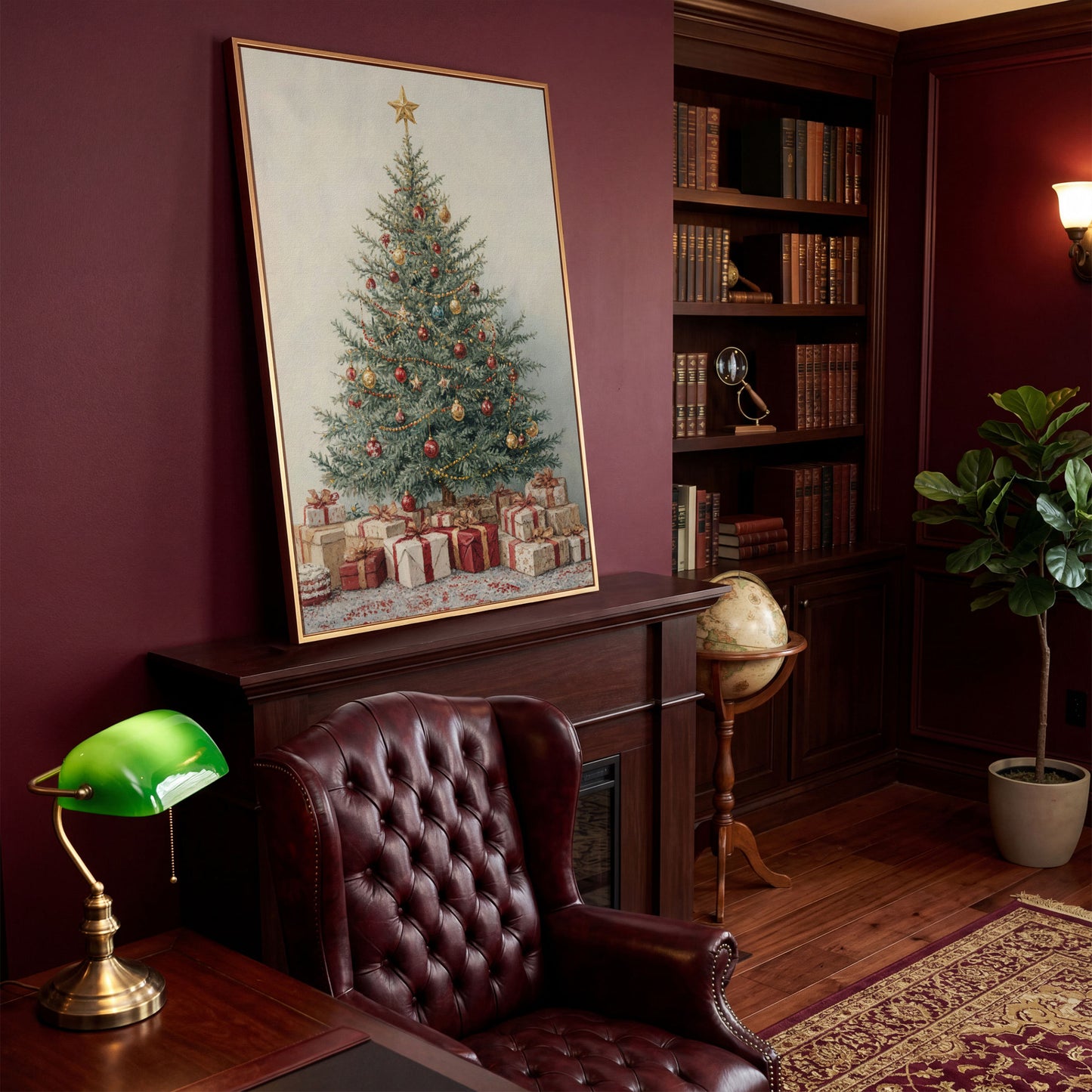 Christmas Tree with Presents Canvas Print in antique gold floating frame