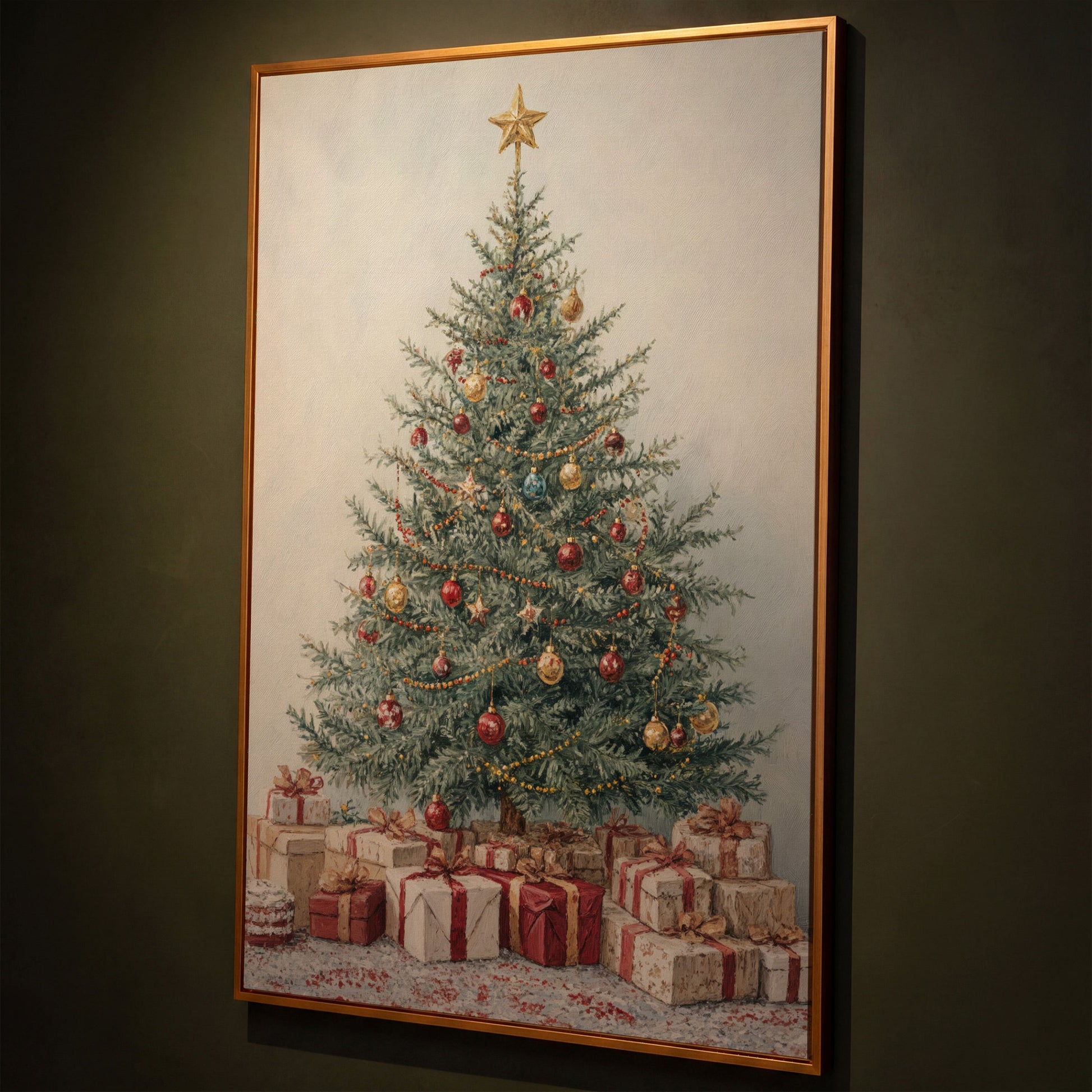 Christmas Tree with Presents Canvas Print shown in antique gold floating frame