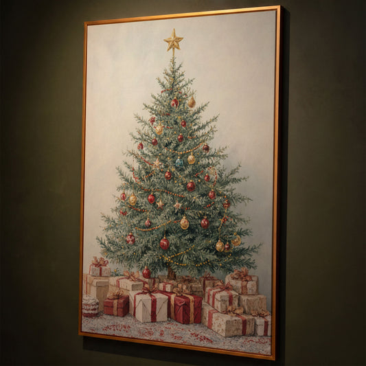 Christmas Tree with Presents Canvas Print shown in antique gold floating frame