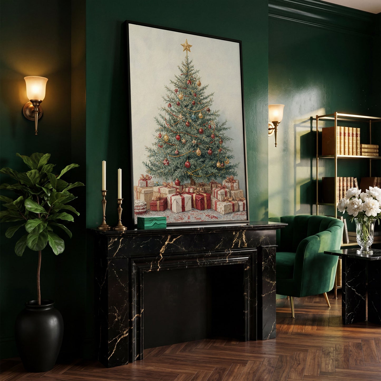 Christmas Tree with Presents Canvas Print in black floating frame