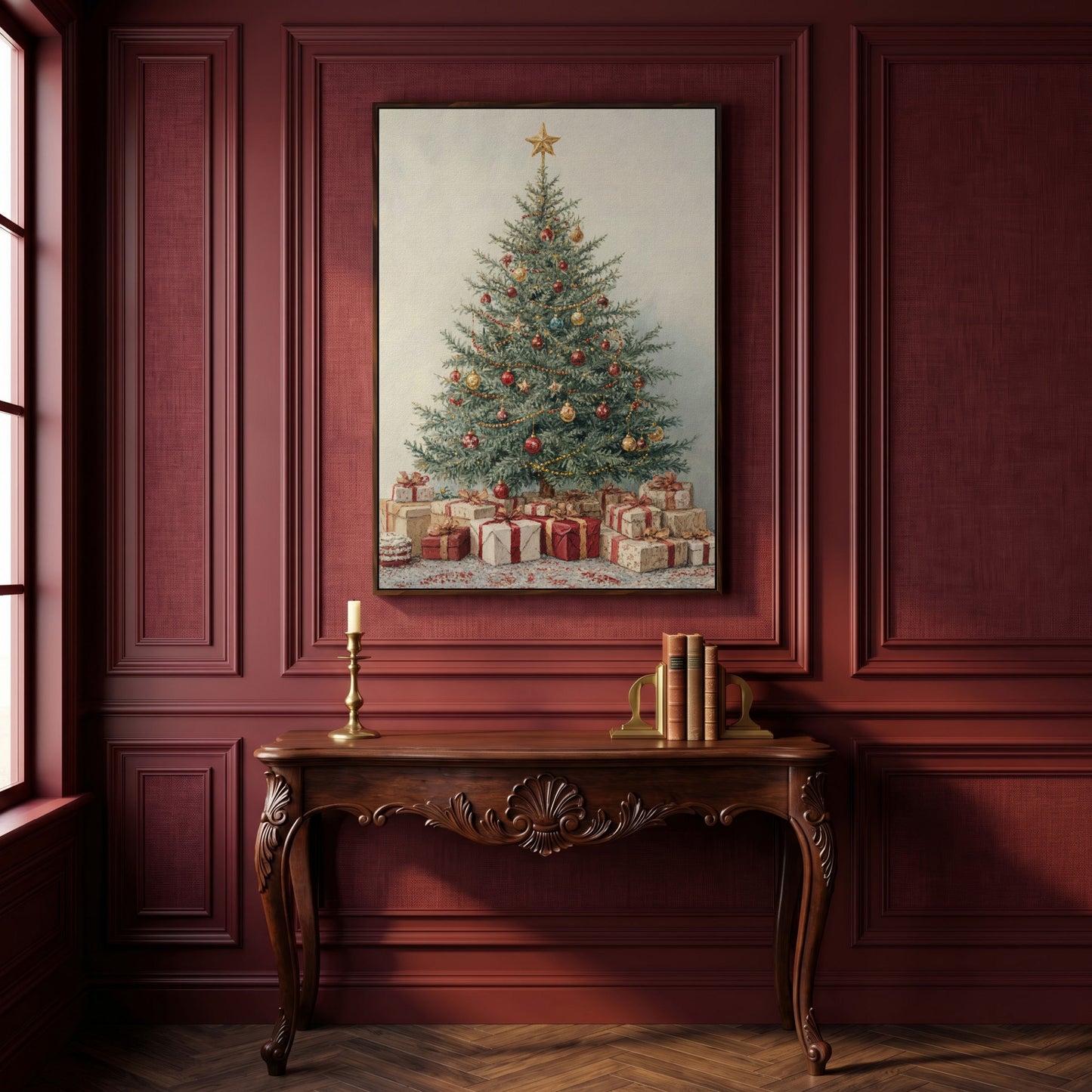 Christmas Tree with Presents Canvas Print in dark walnut floating frame