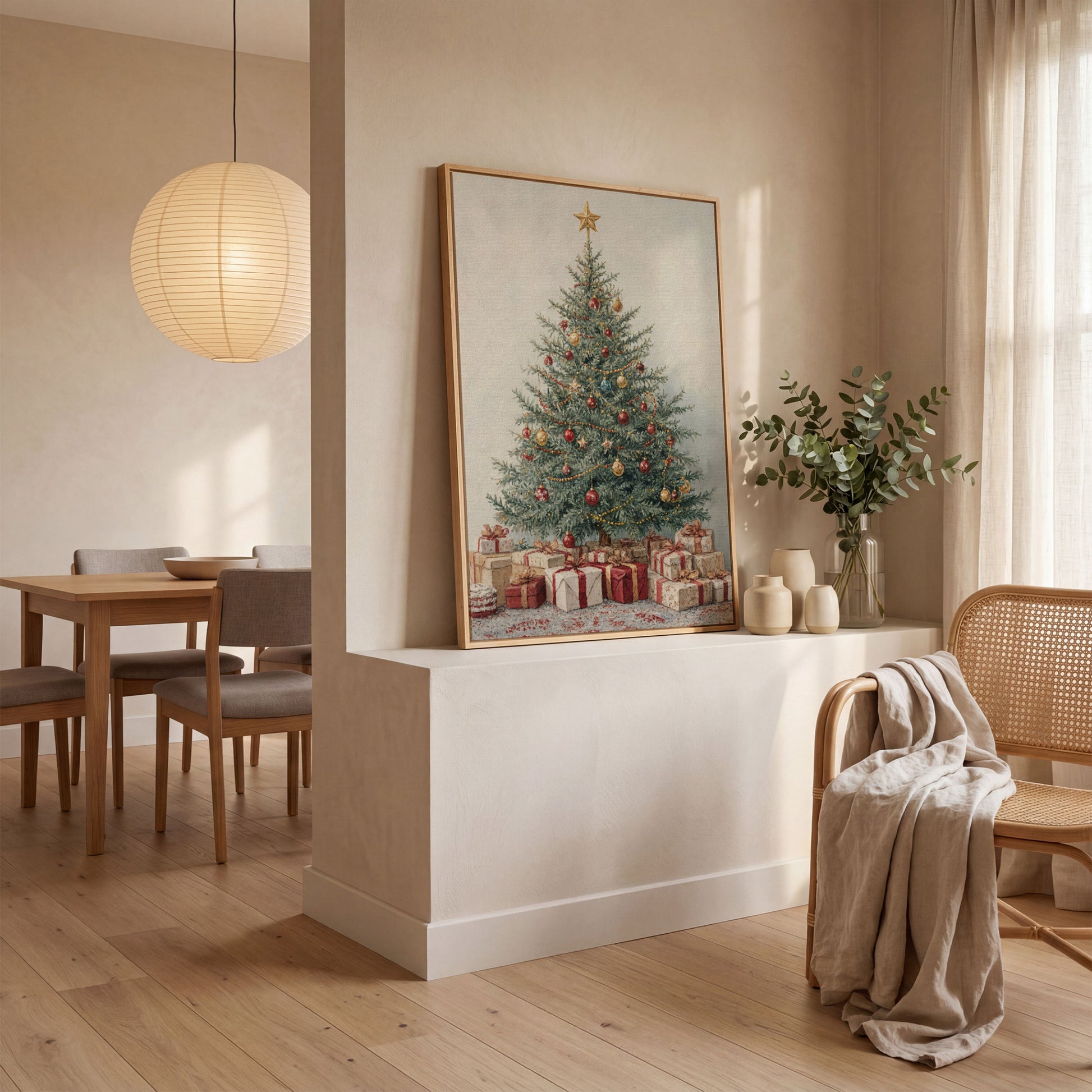 Christmas Tree with Presents Canvas Print in white oak floating frame