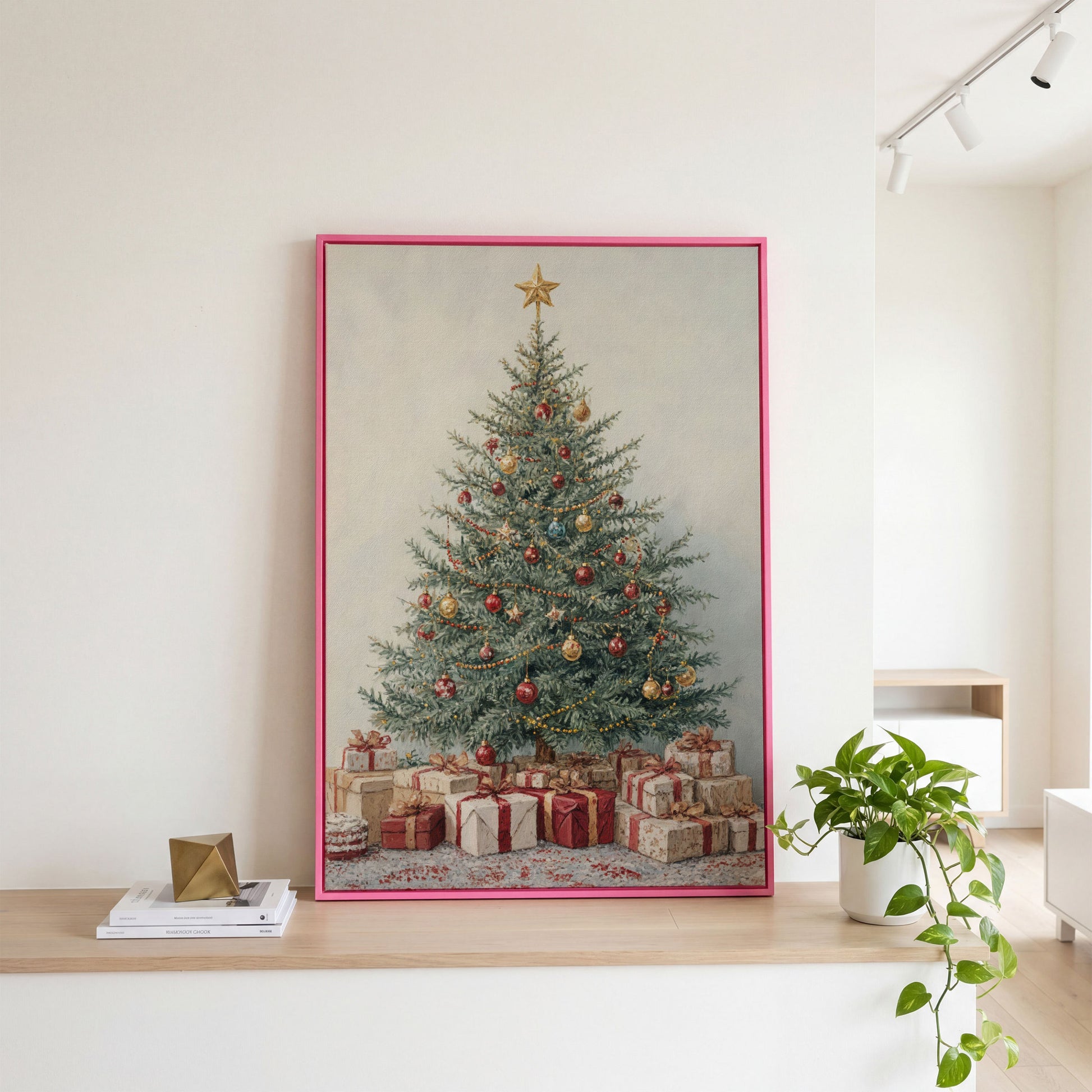 Christmas Tree with Presents Canvas Print in pink floating frame