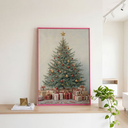 Christmas Tree with Presents Canvas Print in pink floating frame