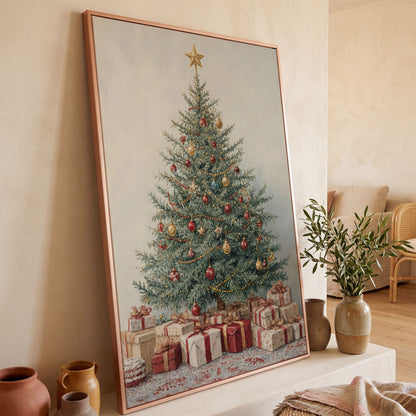 Christmas Tree with Presents Canvas Print in rose gold floating frame
