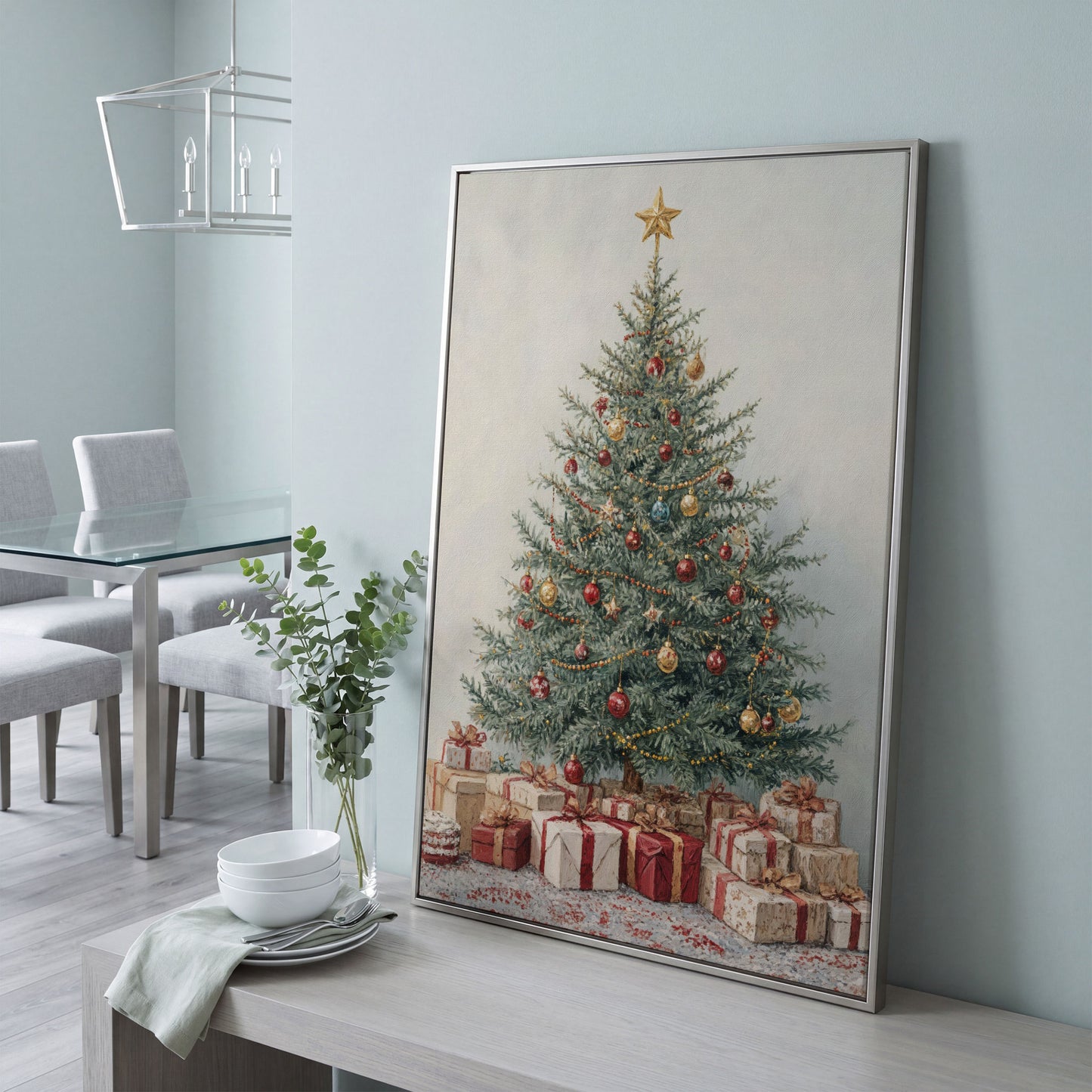 Christmas Tree with Presents Canvas Print in silver floating frame