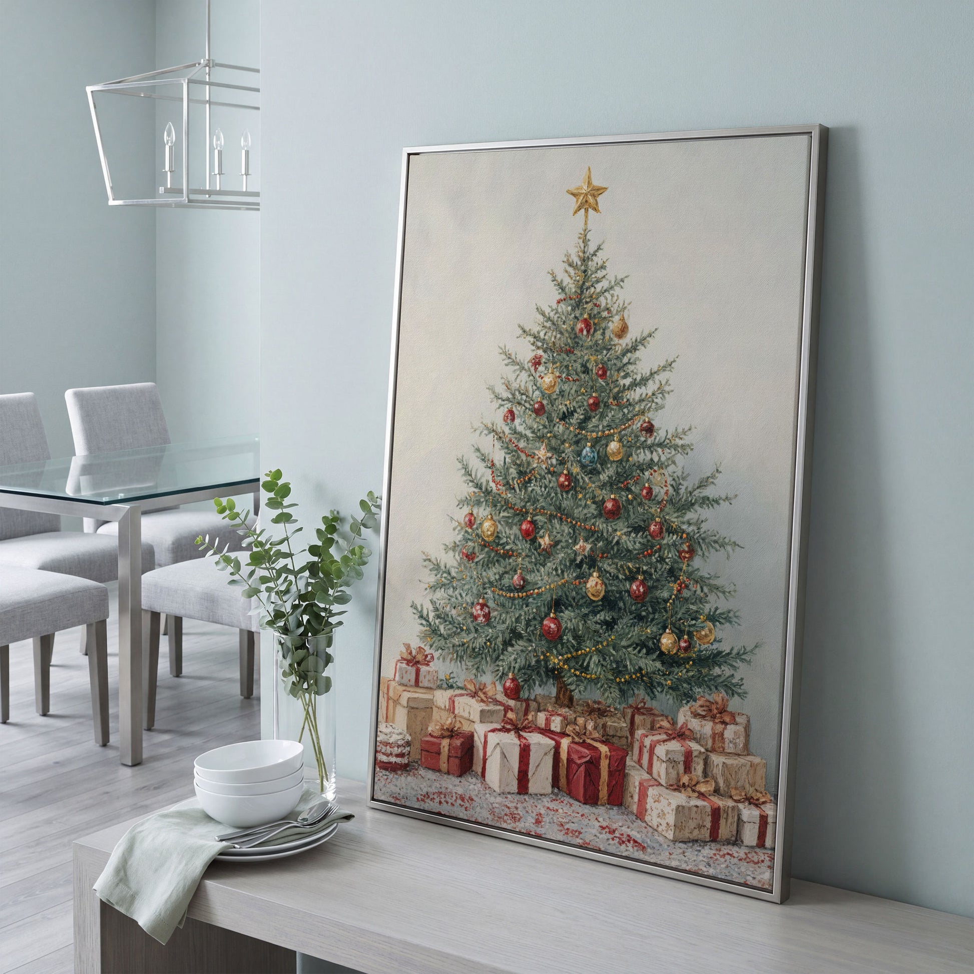 Christmas Tree with Presents Canvas Print in silver floating frame
