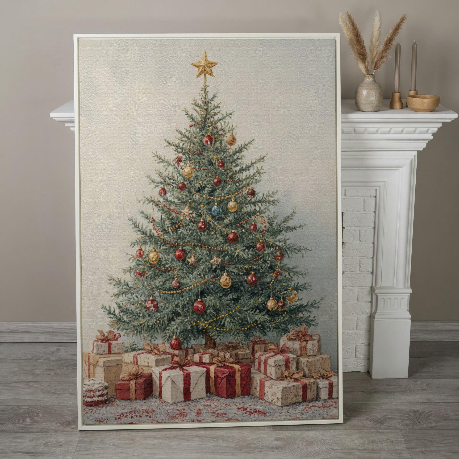 Christmas Tree with Presents Canvas Print in white floating frame