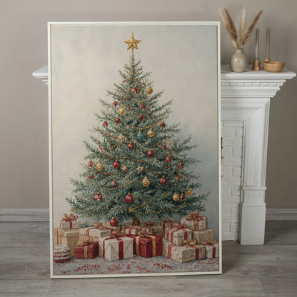 Christmas Tree with Presents Canvas Print in white floating frame