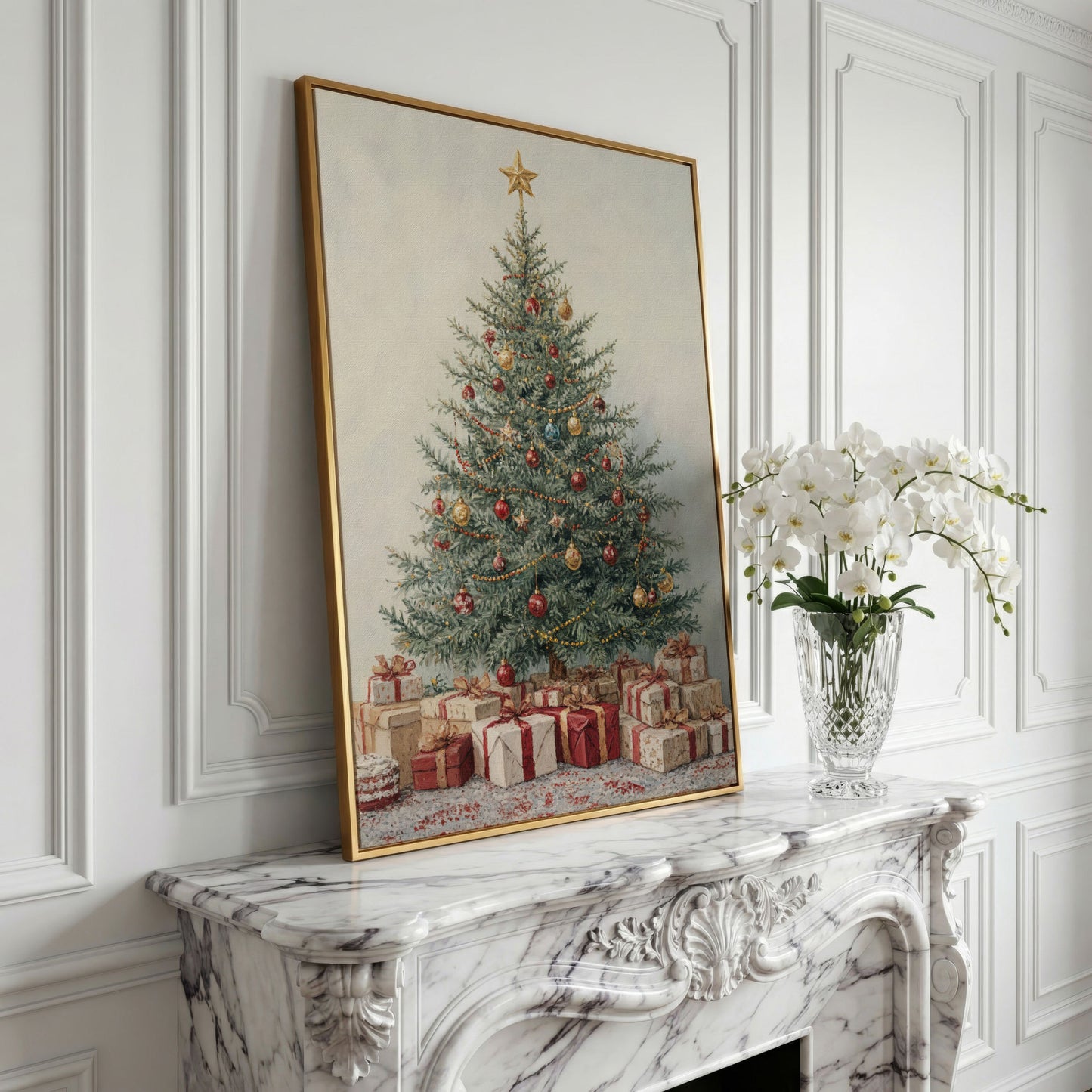 Christmas Tree with Presents Canvas Print in yellow gold floating frame