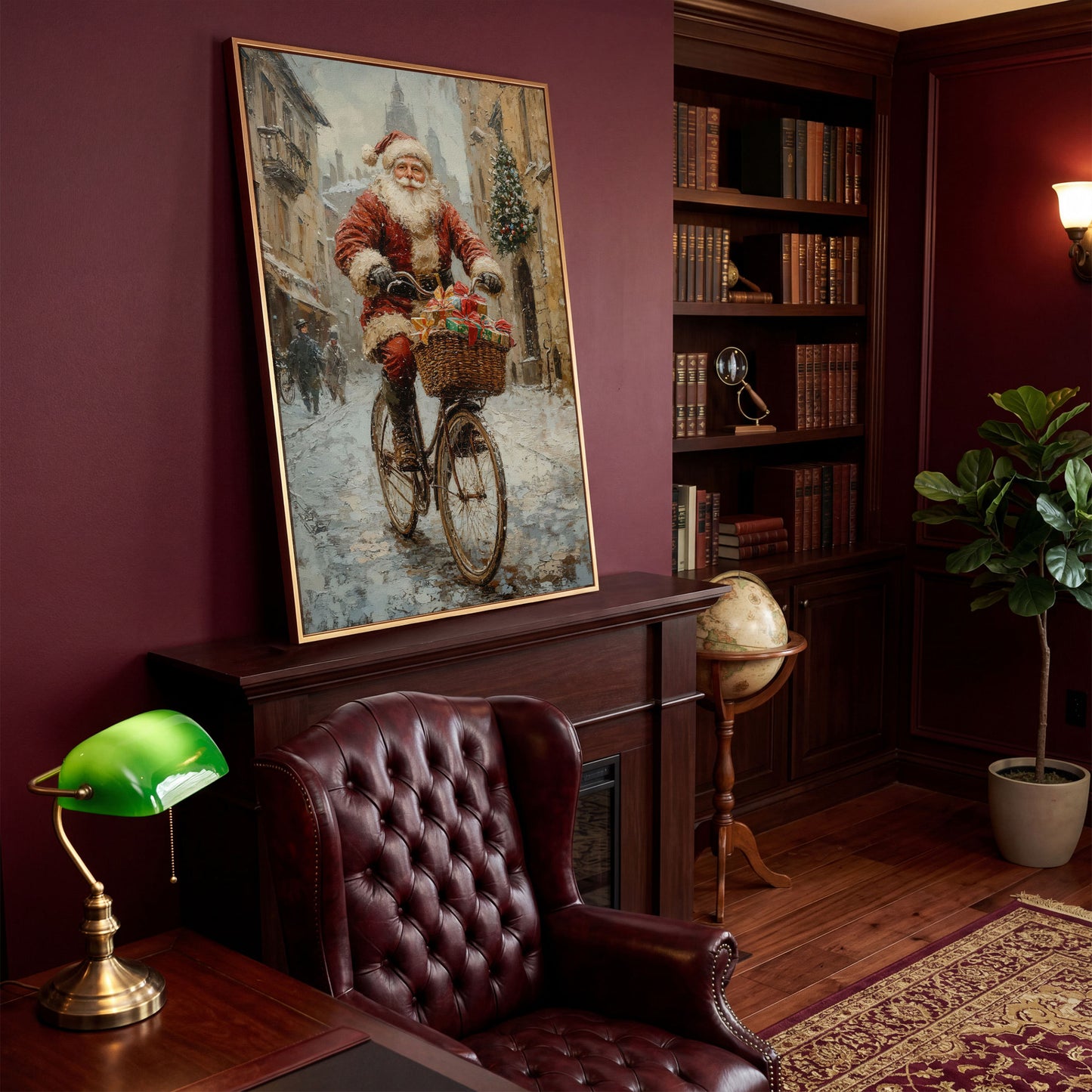 Santa on Bicycle Canvas Wall Art with Winter Street Scene in antique gold floating frame