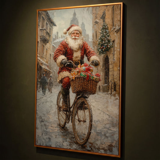 Santa on Bicycle Canvas Wall Art with Winter Street Scene shown in antique gold floating frame