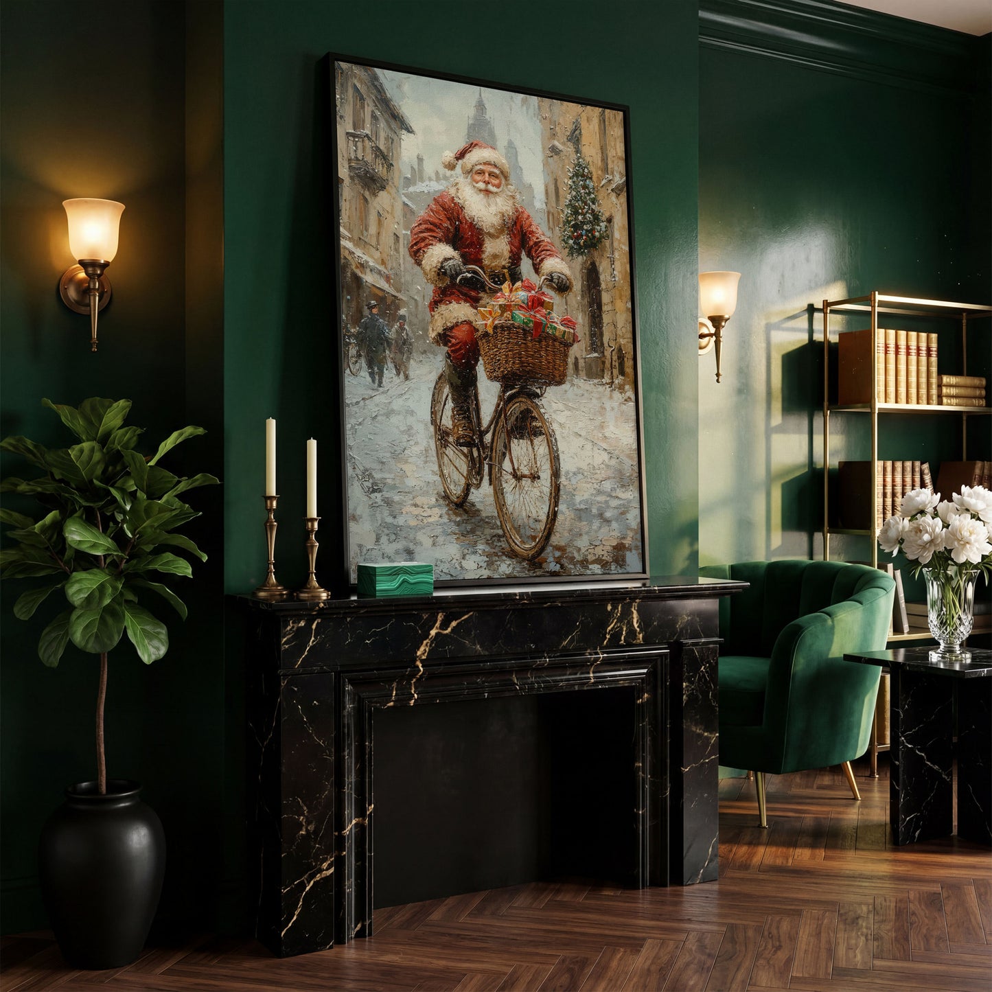 Santa on Bicycle Canvas Wall Art with Winter Street Scene in black floating frame