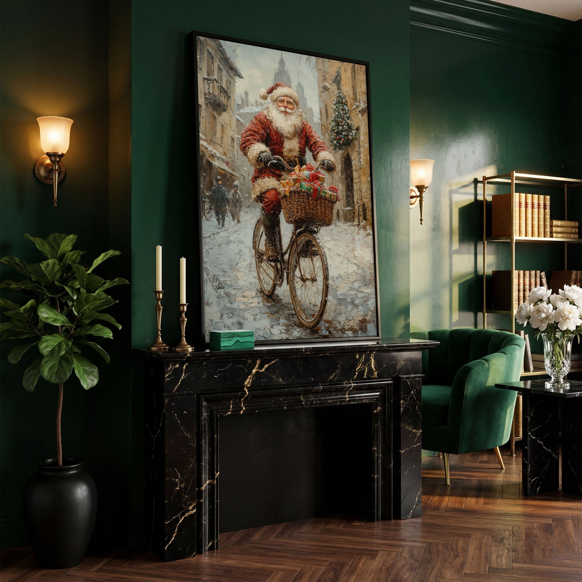 Santa on Bicycle Canvas Wall Art with Winter Street Scene in black floating frame