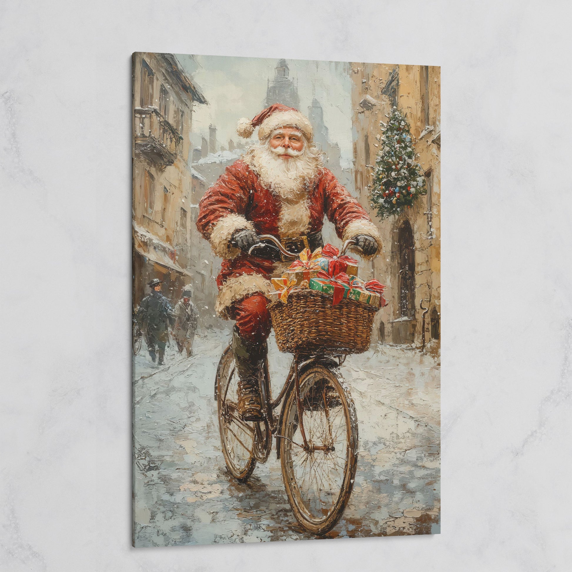 Santa on Bicycle Canvas Wall Art with Winter Street Scene on gallery wrap