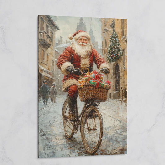 Santa on Bicycle Canvas Wall Art with Winter Street Scene on gallery wrap